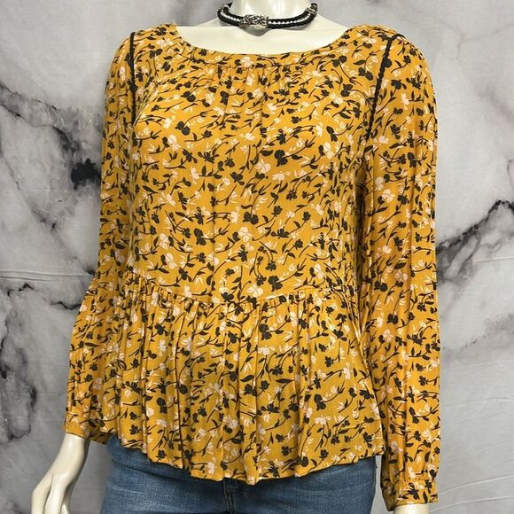 Maeve mustard brown cream floral top 70 ‘s style long sleeve - Picture 2 of 7